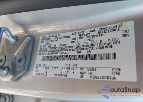 2015 Ford Escape Se from USA, damaged, VIN 1FMCU0GXXFUB68407